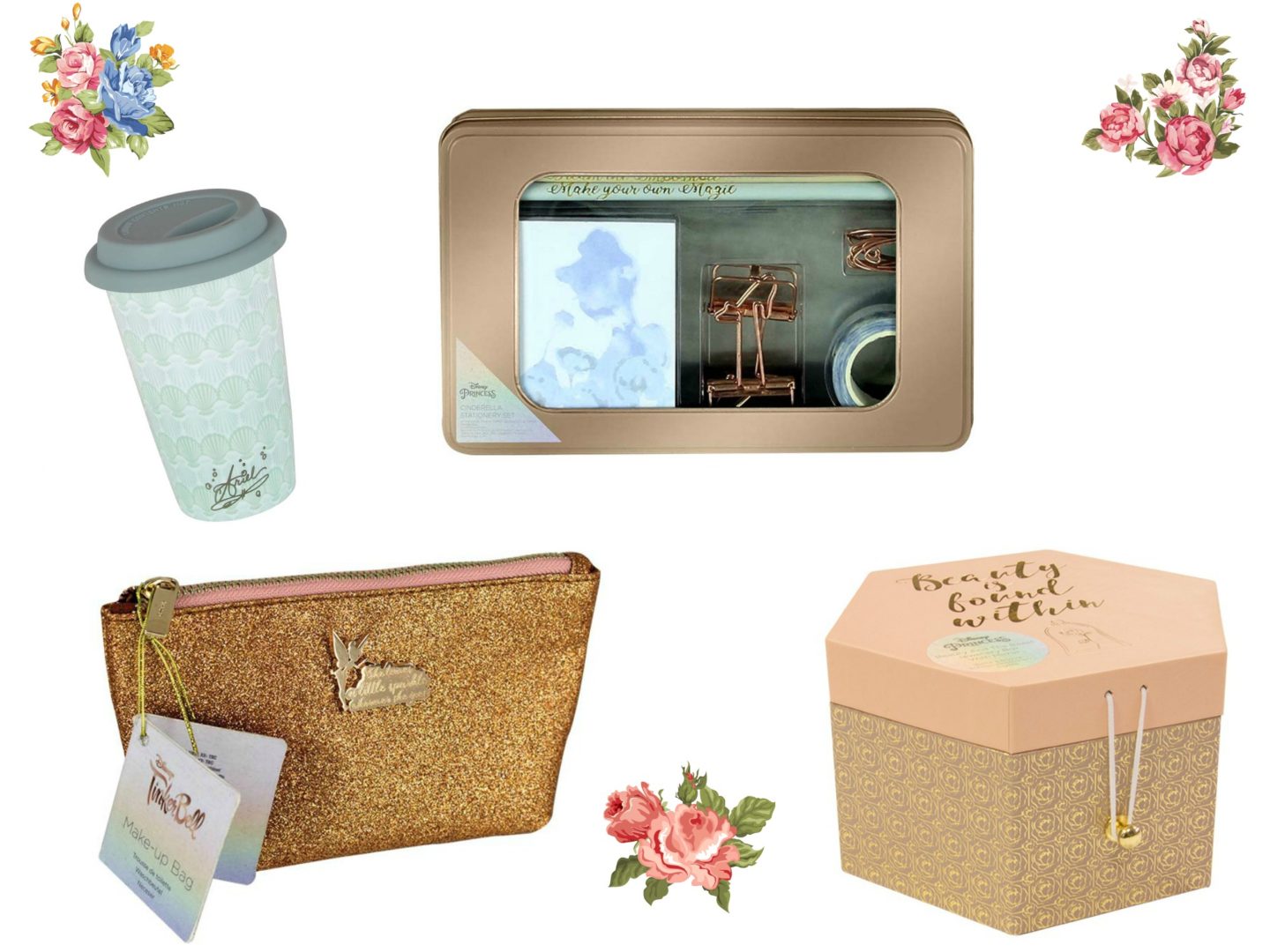 A beautiful collection of Disney merchandise. Tinker Bell make up bag, desk stationery, a jewellery box and a travel mug.