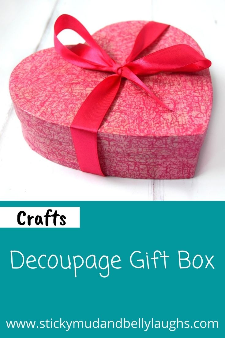 This beautiful decoupage heart-shaped gift box is a super EASY craft. Perfect for handmade Valentine's Day gifts or even Mother's Day gifts. #valentinesdaycrafts #mothersdaycrafts #handmadegifts #decoupagecrafts #stickymudandbellylaughs