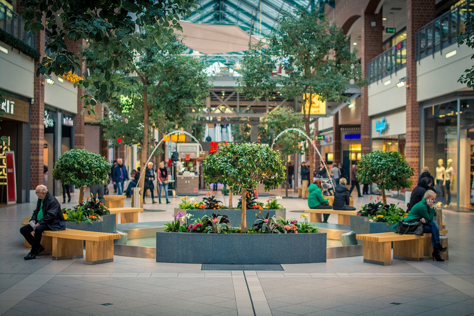 A indoor shopping centre with access for mobility scooter users.