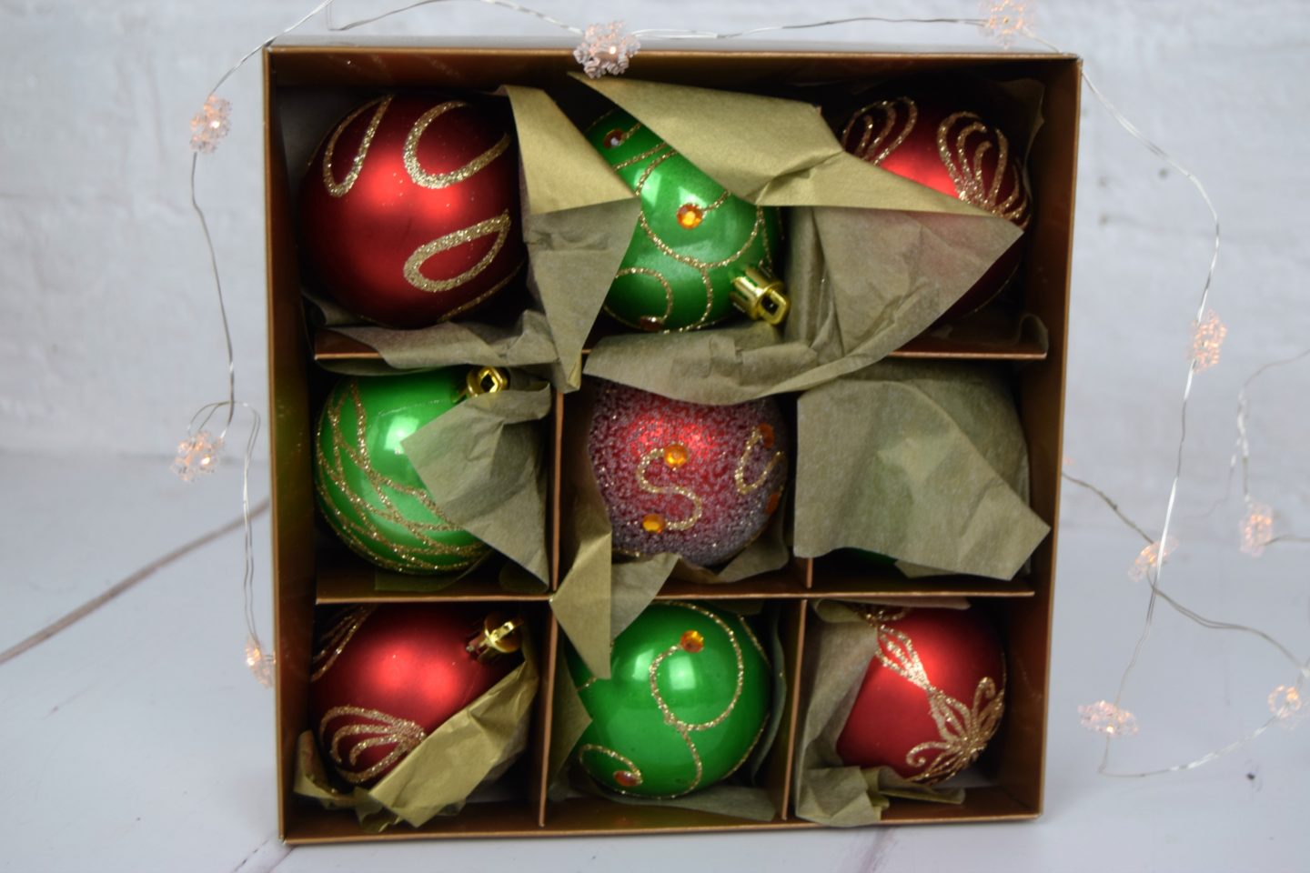 red and green baubles