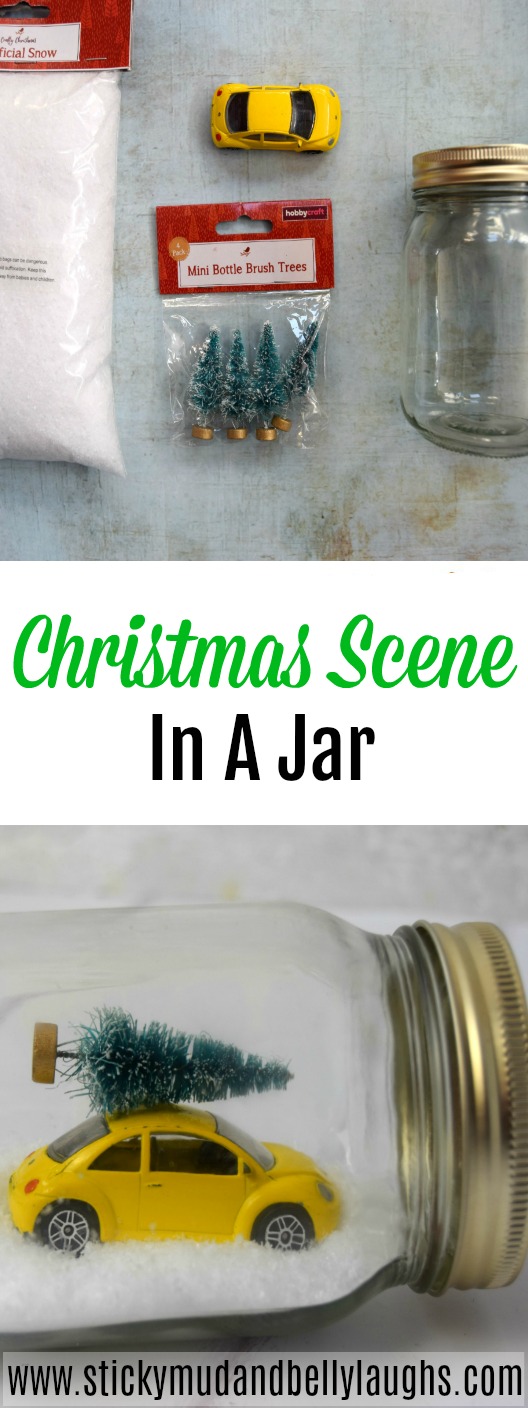 A lovely super easy Christmas scene in a jar craft. 5 minute crafts. #christmascrafts #masonjarcrafts #jarcrafts #artificialsnow #fakesnow #easycrafts