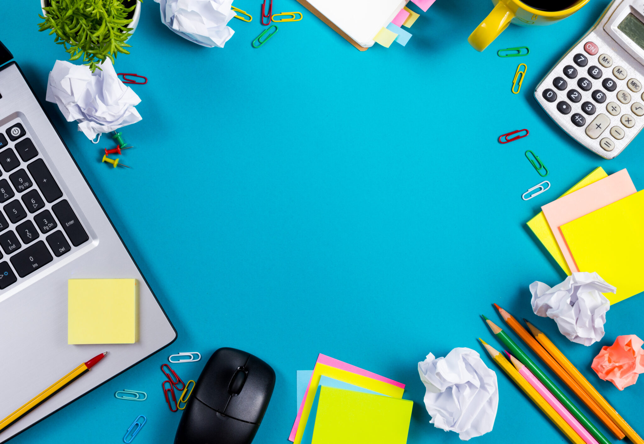 A colourful and messy desk
