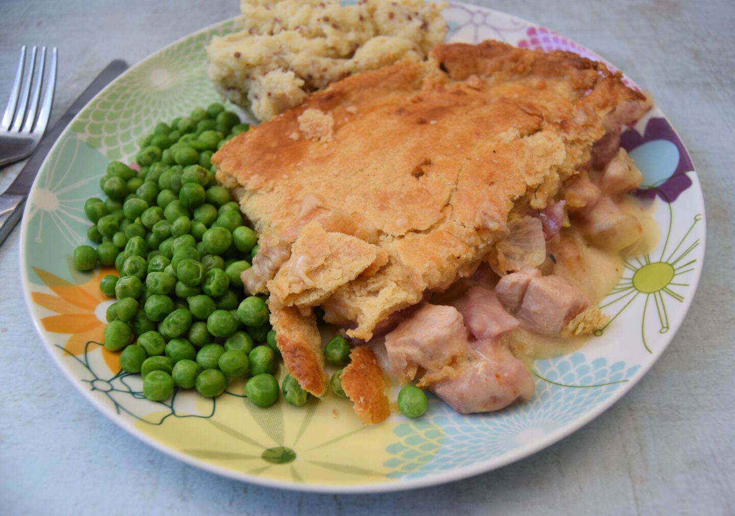 Chicken and ham pie with peas and mustard mash