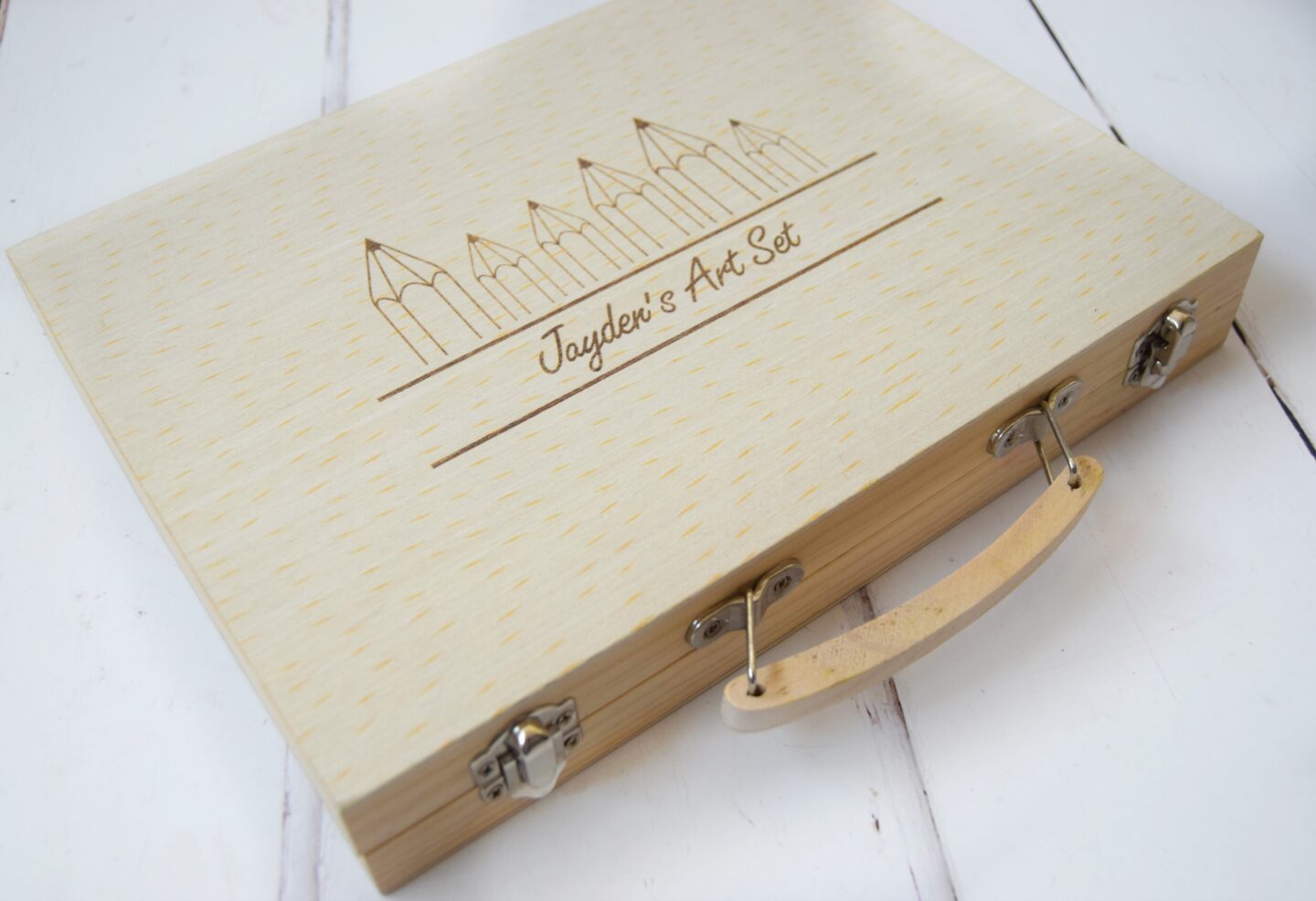 Children's Personalised Wooden Art Case with art supplies. Gifts for 9 year olds.