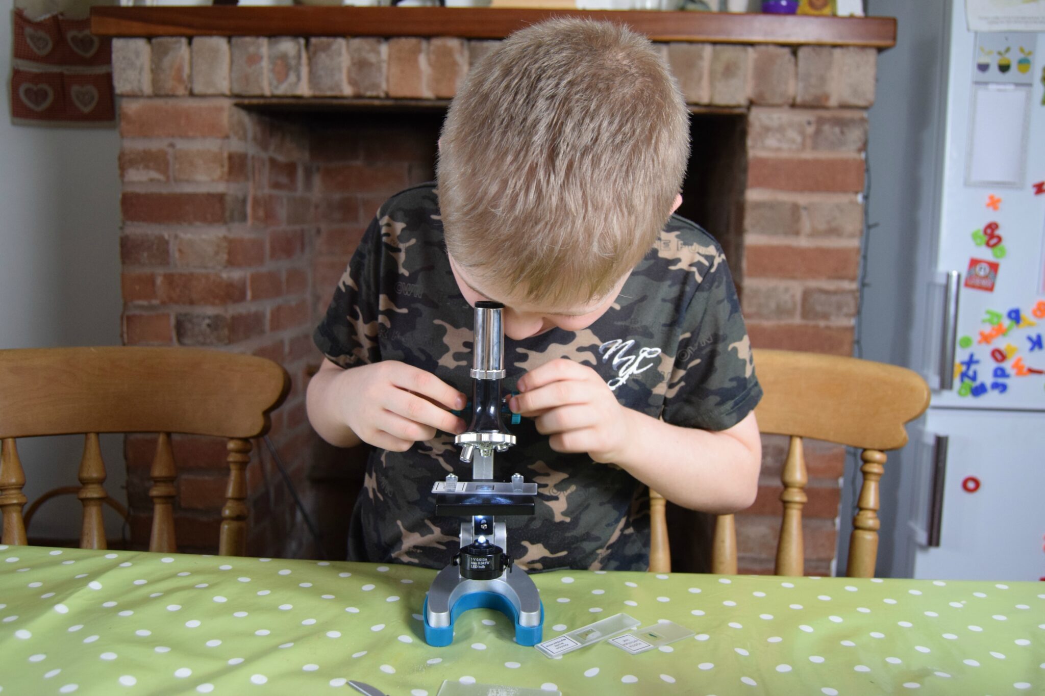Jayden looking into his microscope