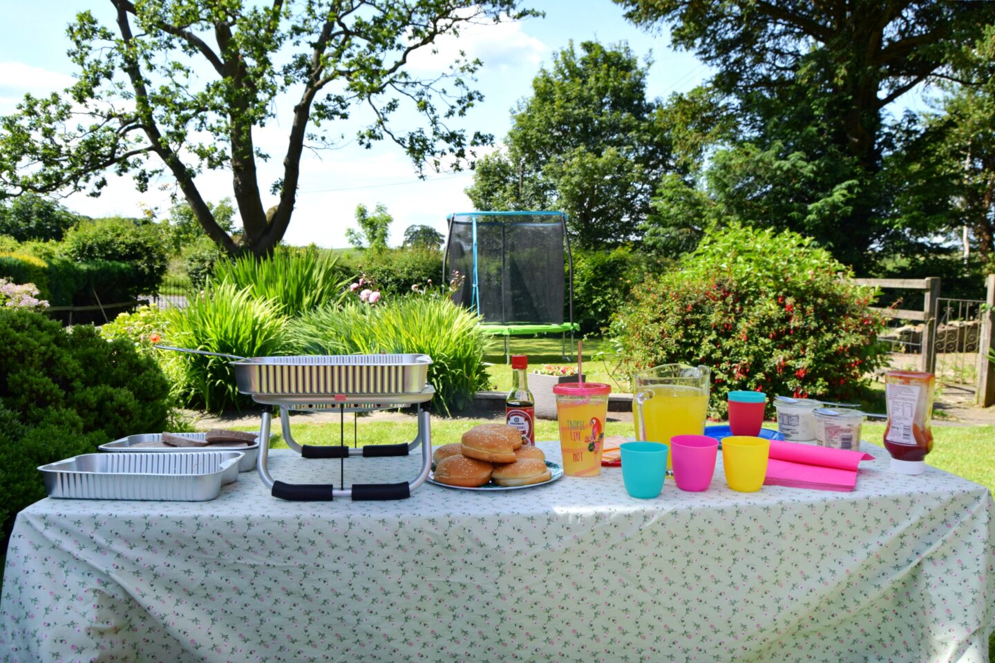 BBQ party in the garden using a disposable bbq.