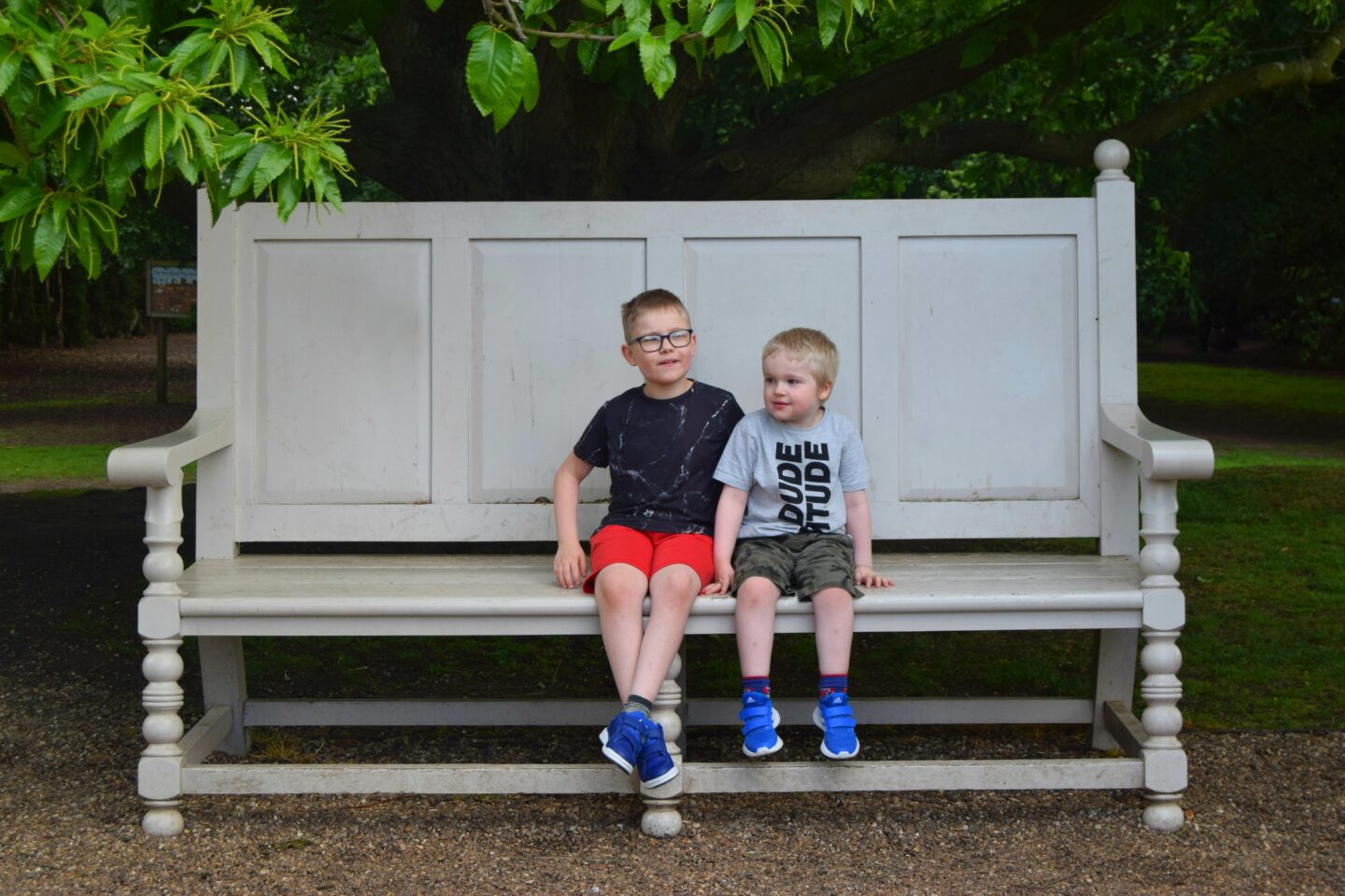 Having a break on the giant bench at Sudbury Hall