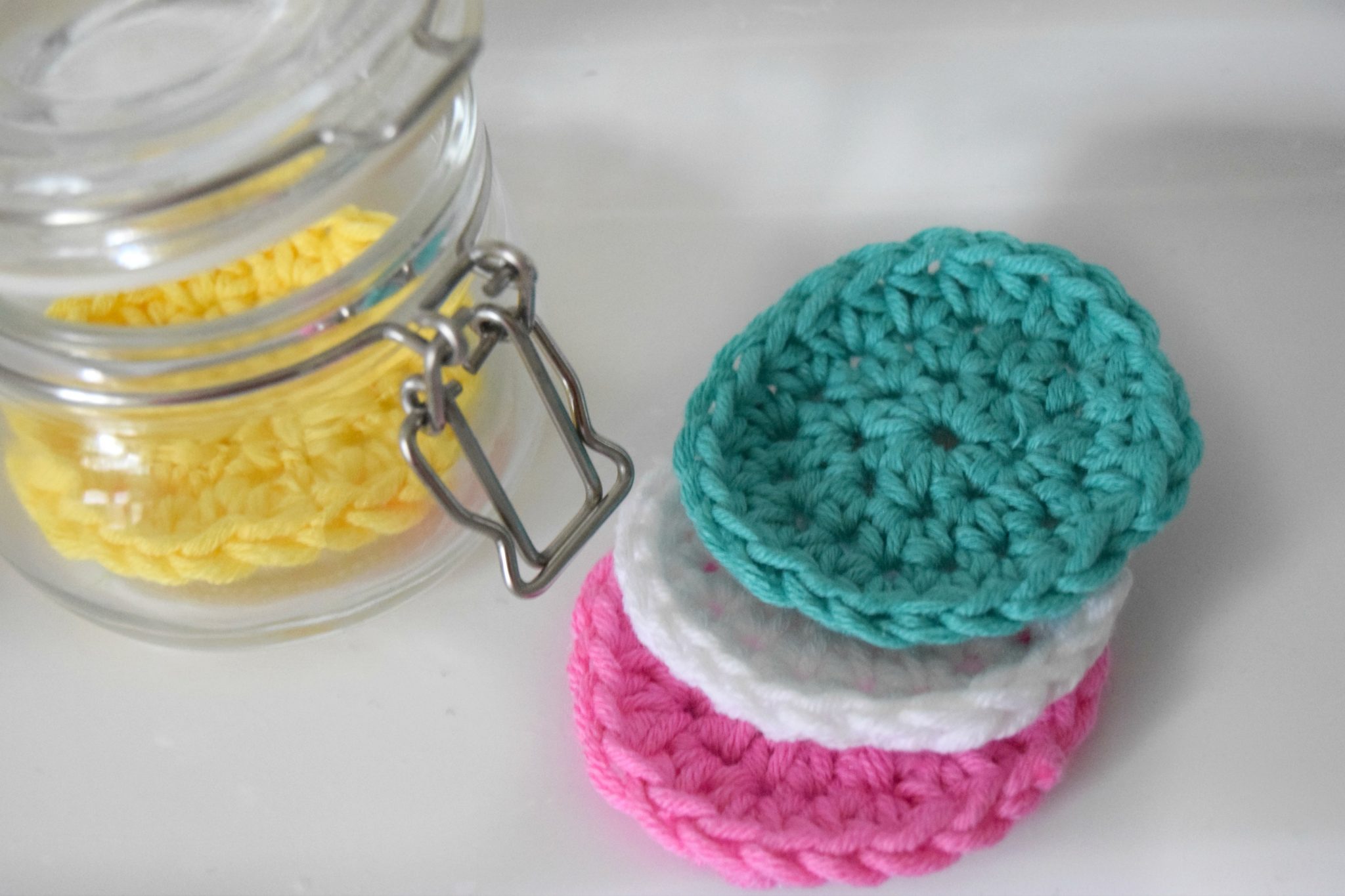 Reusable crochet bathroom accessories. Crochet scrubbies in cotton pastel yarn