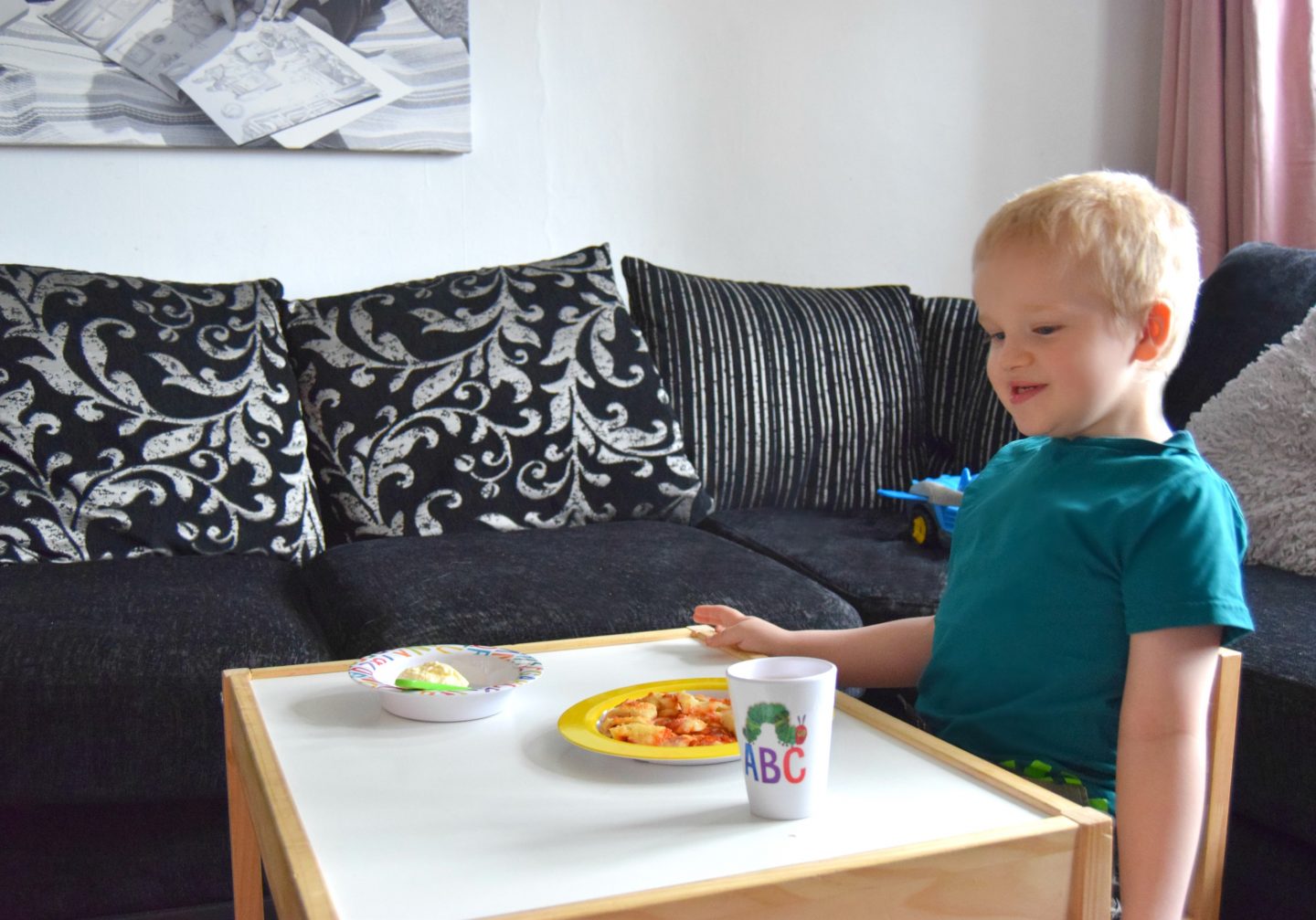Eating dinner from the Portmeirion the very hungry caterpillar dinner set
