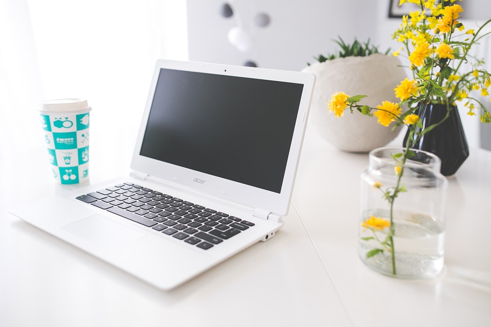 A blogger's desk with a vase of flowers and a travel cup.