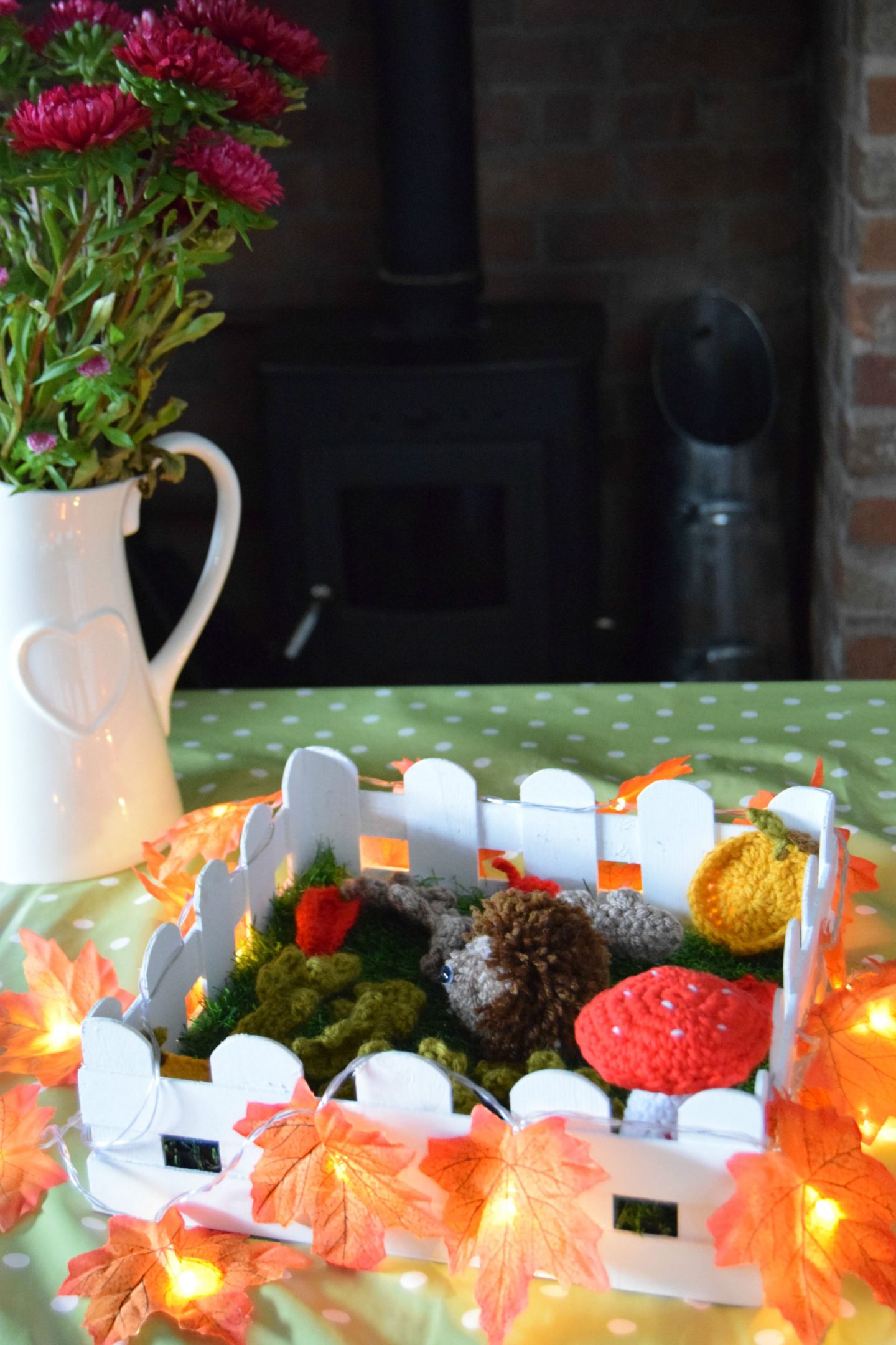 My autumn table decoration with warm led lights