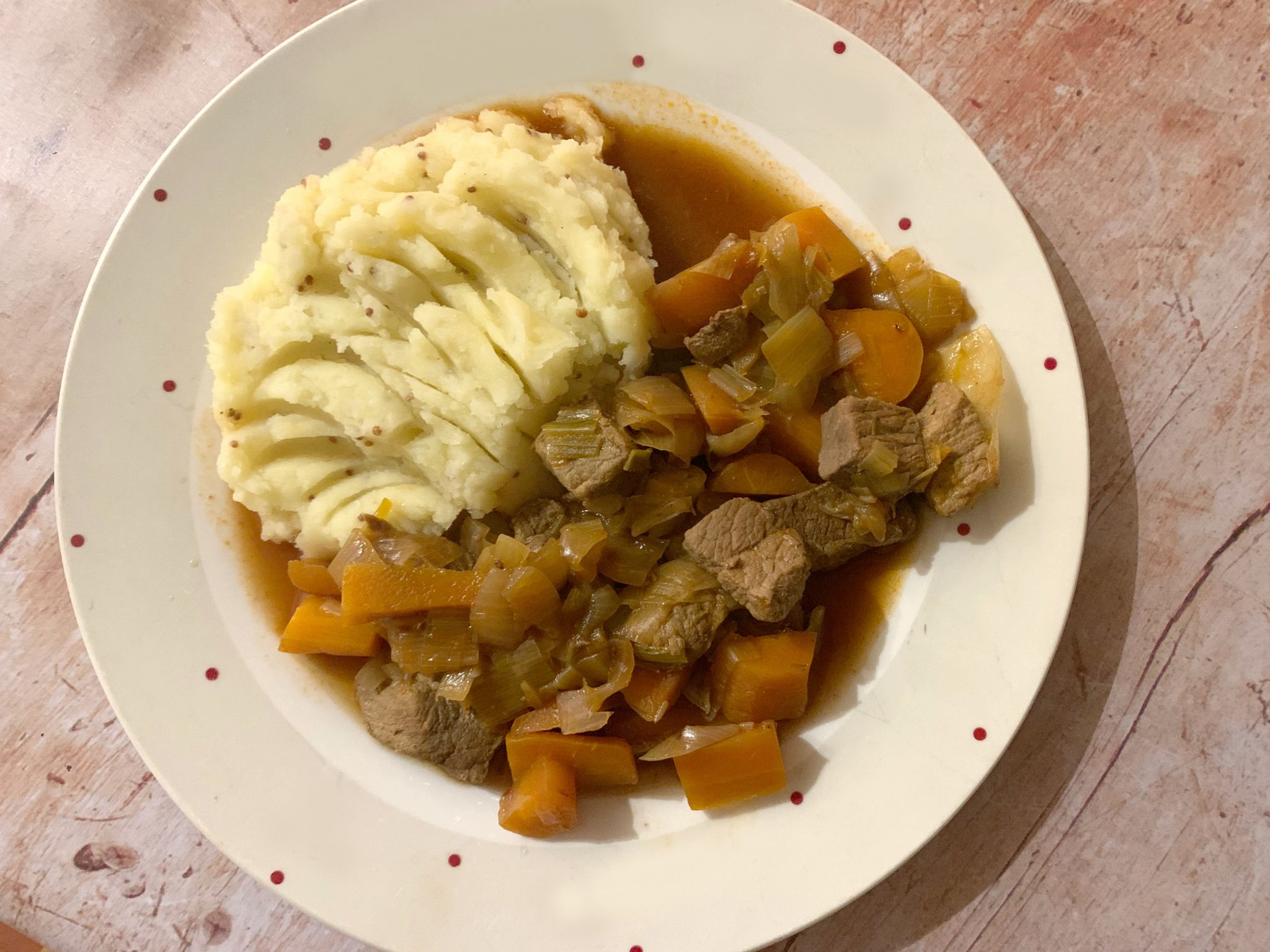 Slow cooker beef stew and mustard mash