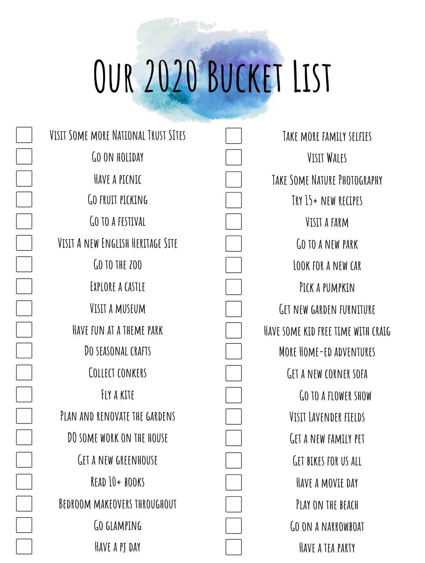 Our 2020 Bucket List And Free Printable Sticky Mud Belly Laughs