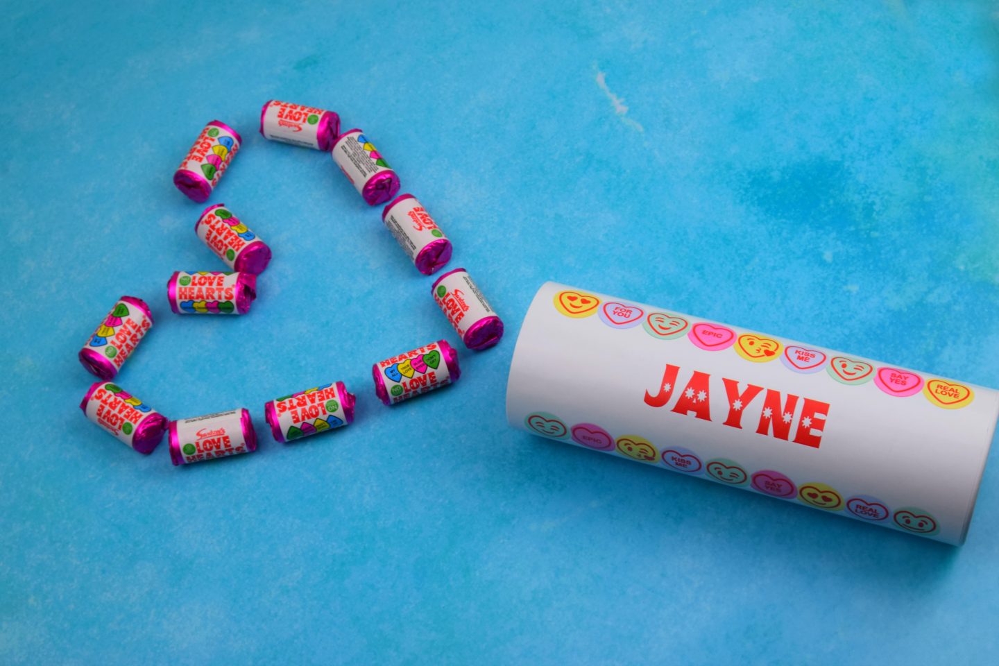 Celebrating Valentine's Day with kids. A personalised tube of love hearts sweets