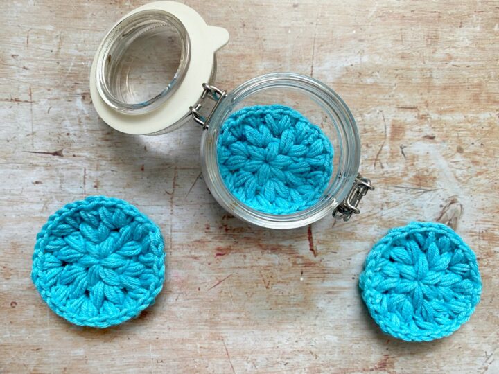 Eco friendly Crochet Face Scrubbies in a teal colored yarn.