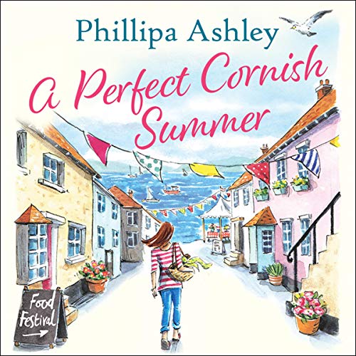 A perfect cornish summer - audiobook cover with a lady walking down a coastal village.