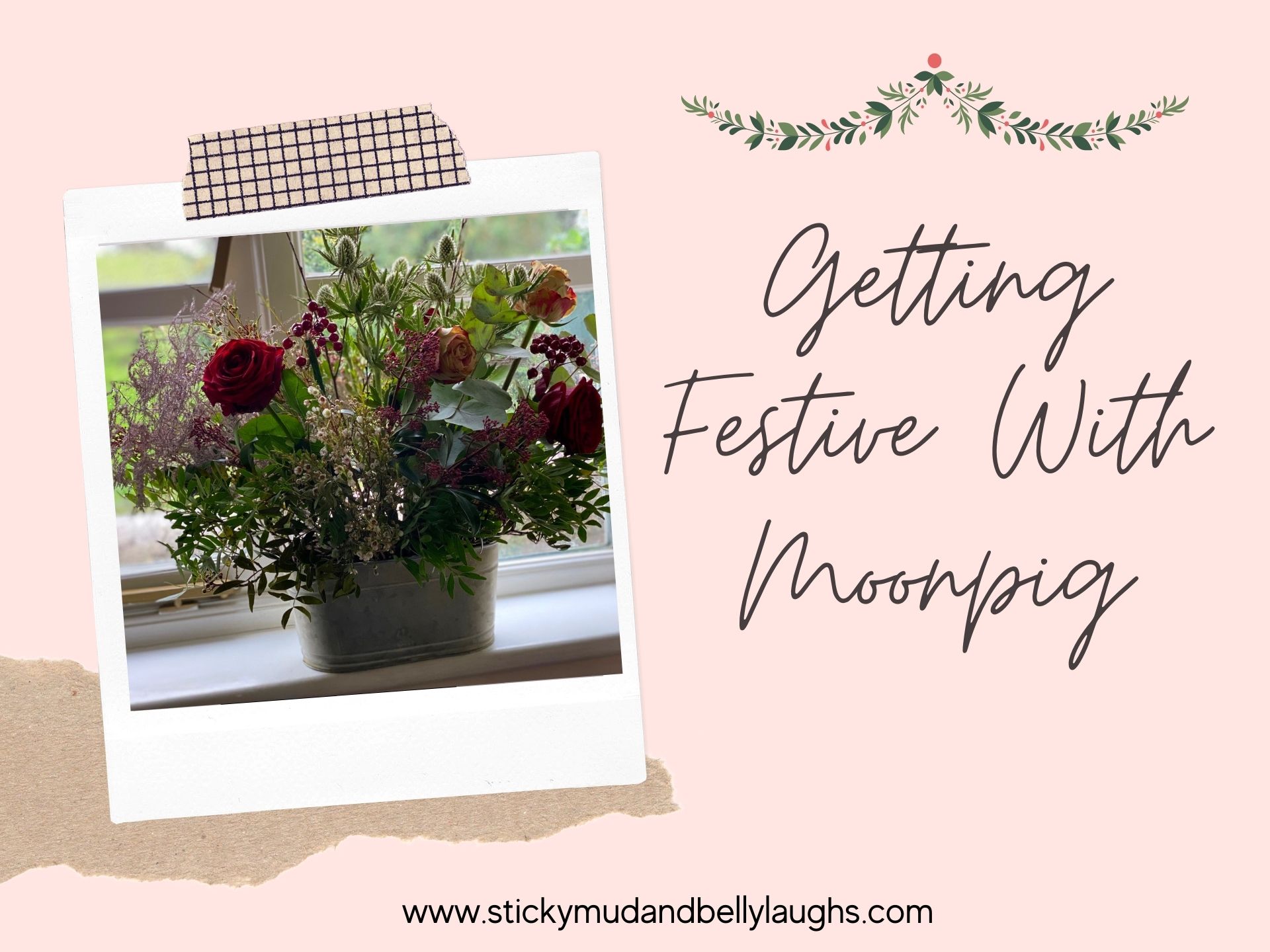 A clipart of a polaroid photo with a pretty bouquet of roses and foliage in a steel tub.