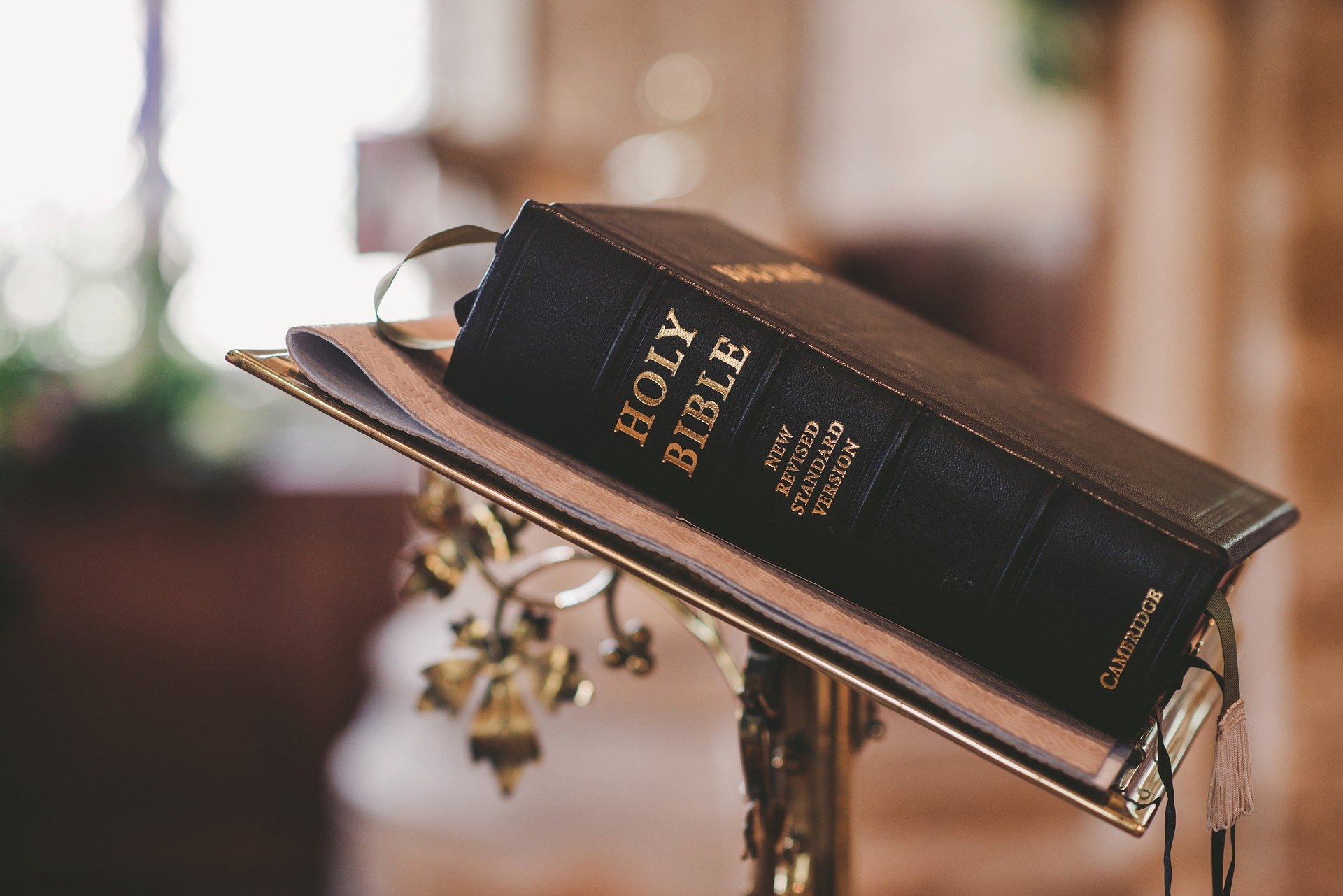 The bible placed on a speakers stand.