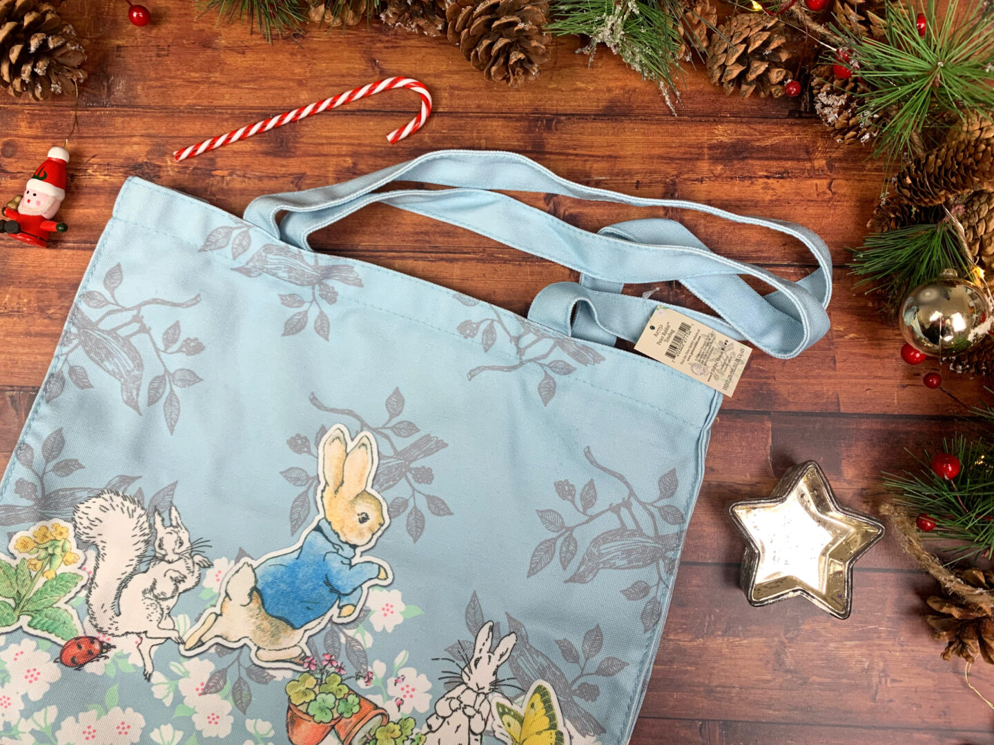 Peter rabbit tote bag inm pastel blue with peter rabbit and friends on the front.
