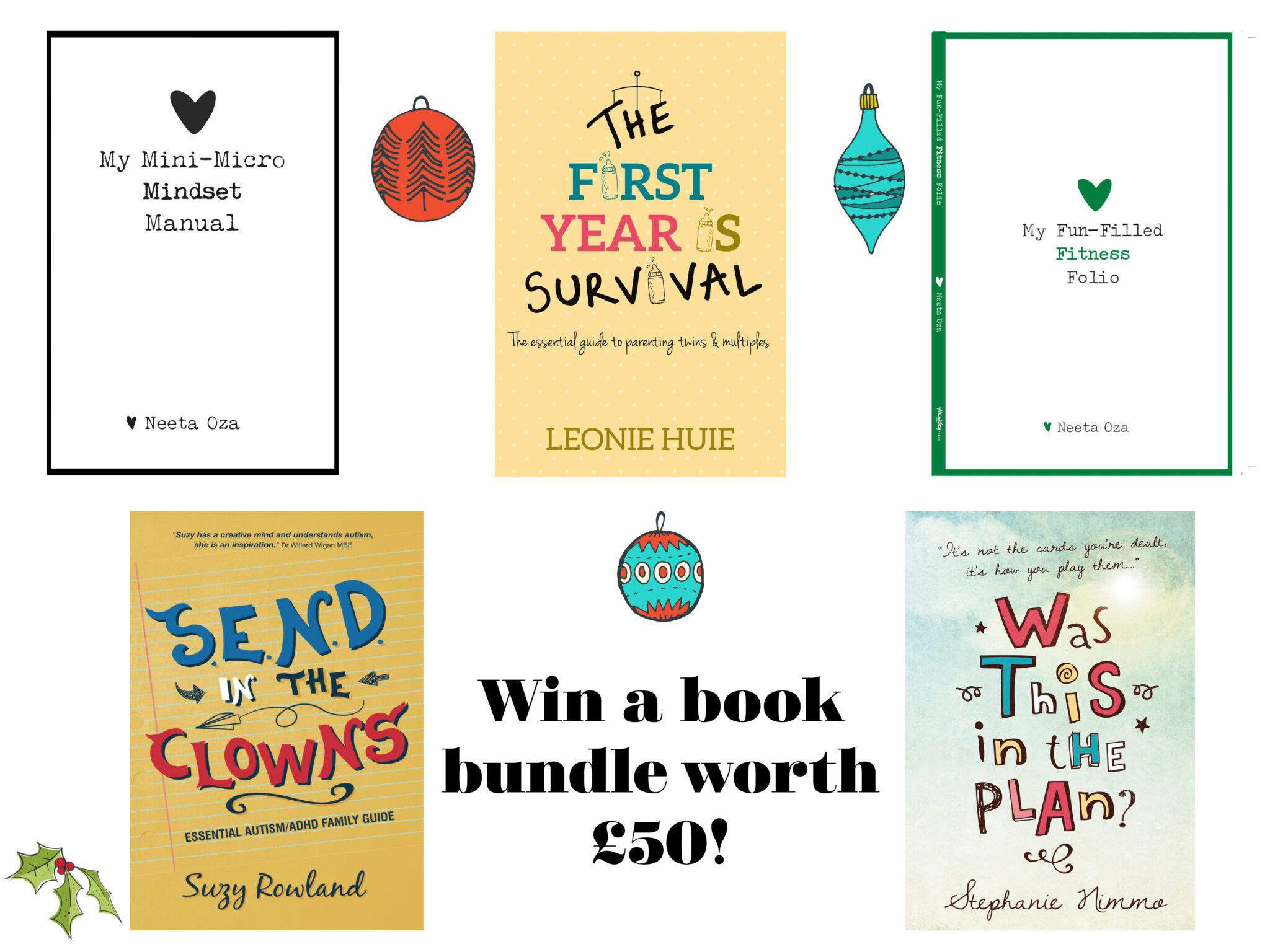 A bundle of five books for a giveaway with clipart Christmas baubles on the background.