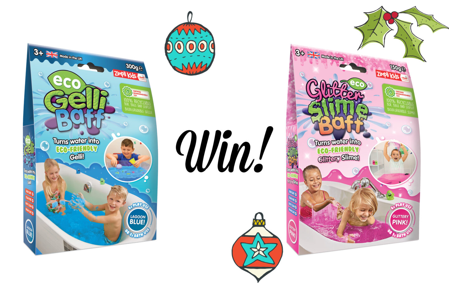 two kids slime bath products with some pretty clipart Christmas baubles in the background