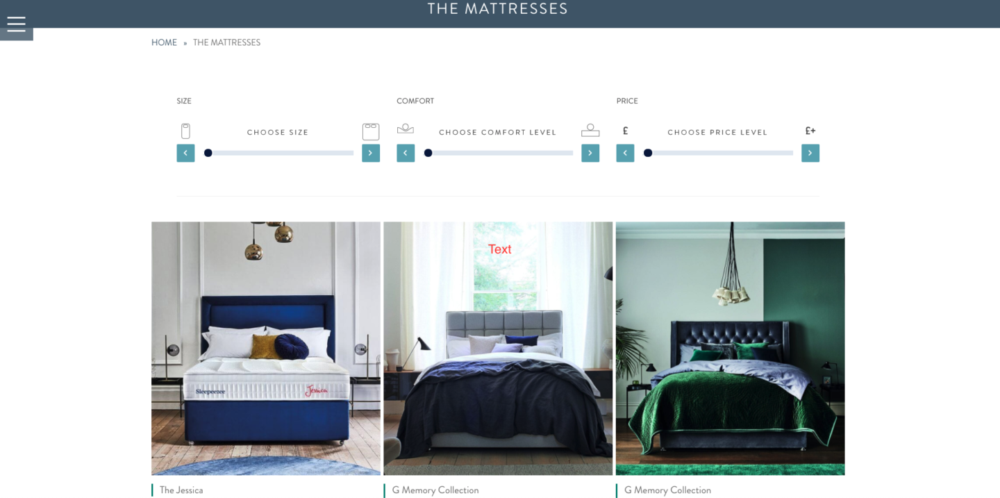 A screenshot of matresses from the Sleepeezee website