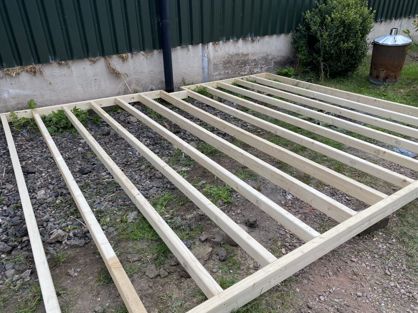 A timber frame to suport composite decking.