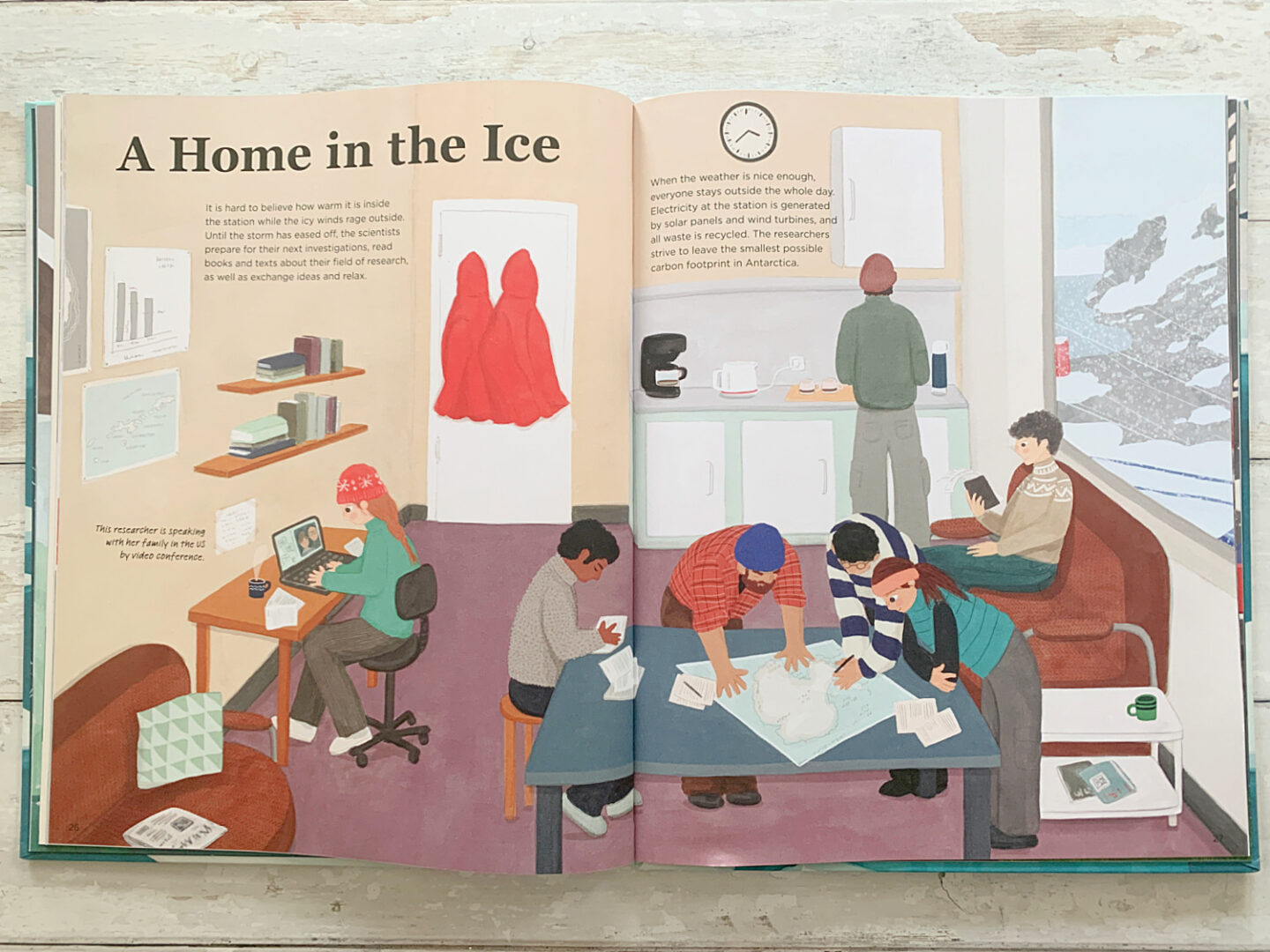Animated characters in a station explaining what it is like to live and work in the Antarctica.