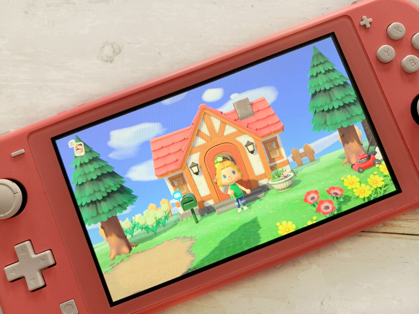 Playing Animal Crossing on the pink Nintendo Switch Lite