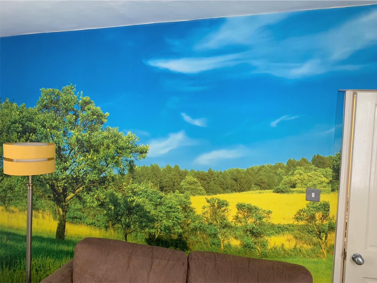 Our lovely wall mural of a field with trees and a blue sky.