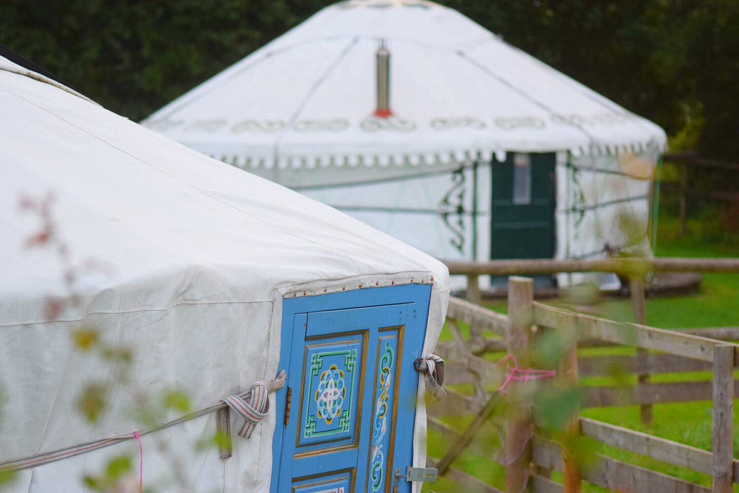 Two yurts with ornate blue and green patterned front doors
