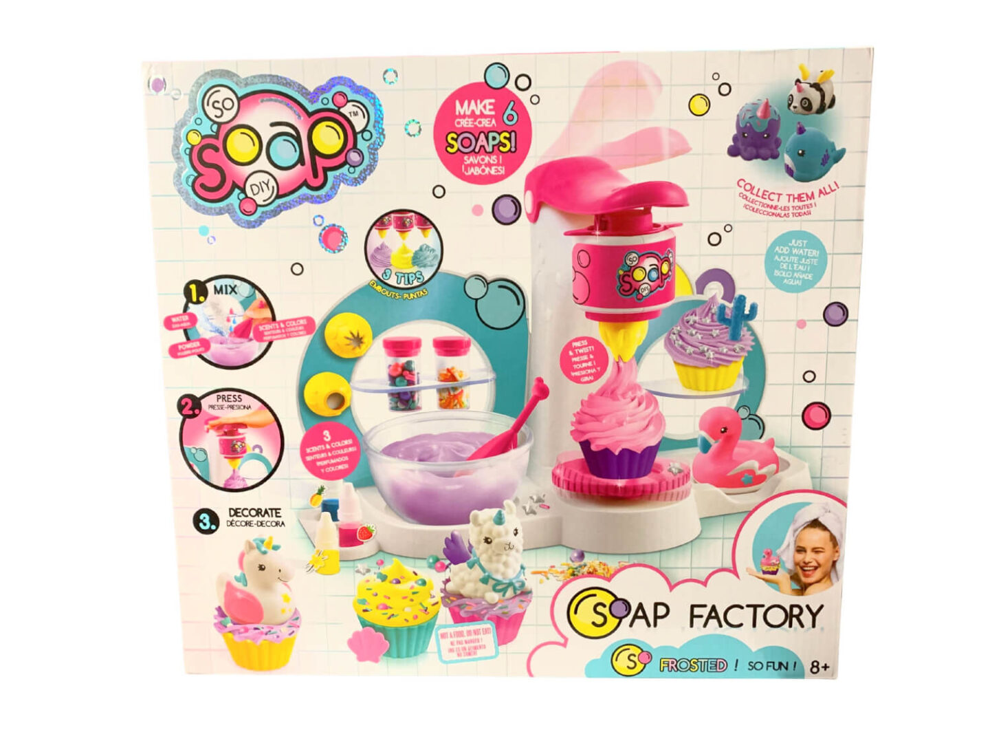 A colourful box printed with sopas shaped as cupcakes.