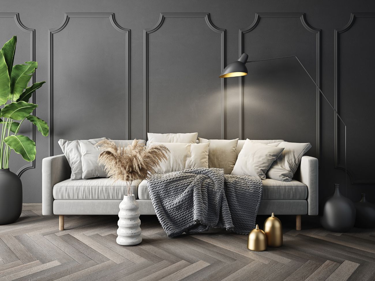 Cosy living room with dark grey panelled wall