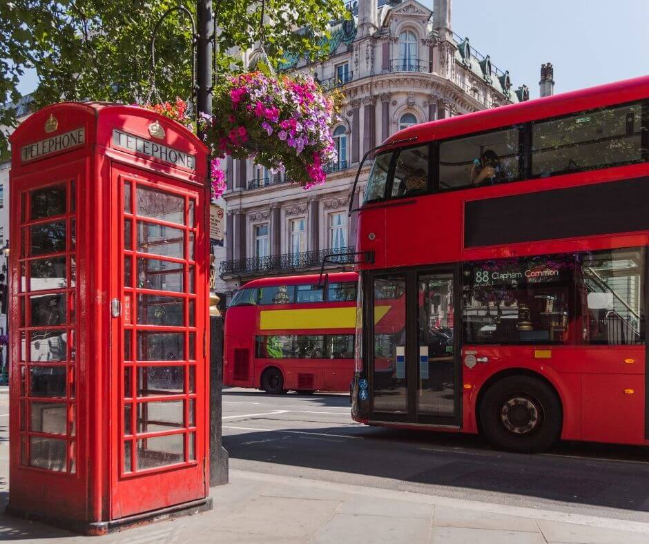 A red bus and red telephone box in London