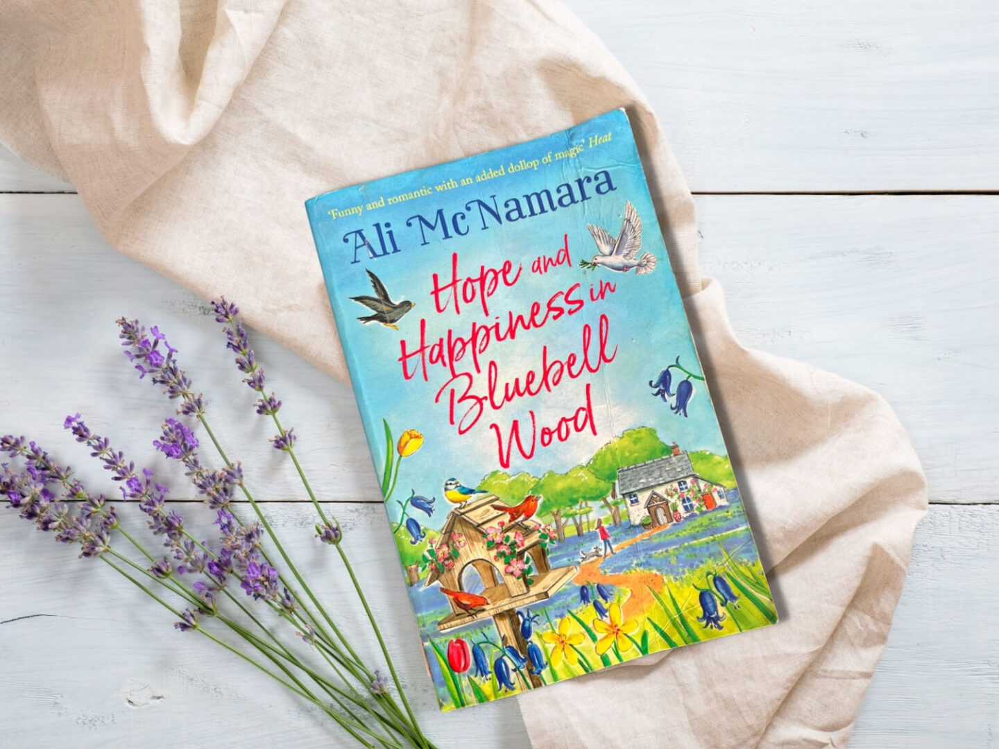 A fiction story with a little cottage surrounded by bluebells and birds on the front cover.