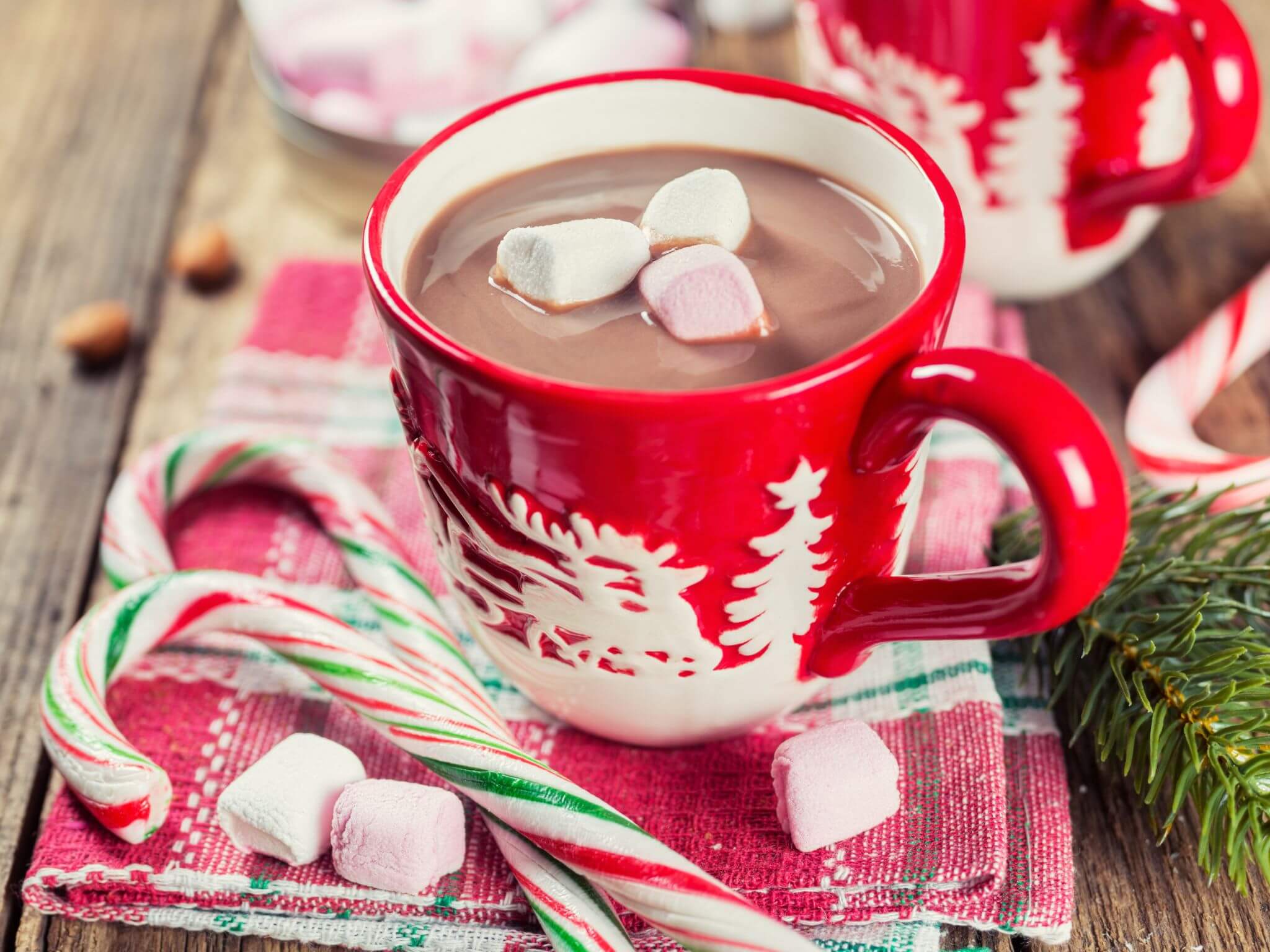 A red Christmas themed mug with reindeer and trees on, filled with hot chocolate and marshmallows. There is also candy canes to the side and red, white and green checked tea towel.