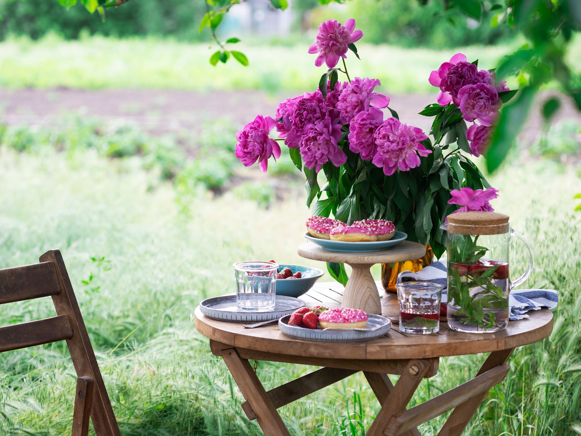 In the garden with a green lawn in the background, is a small round table and a chair to the left. On the table is a vase of cut pink hydrangeas, a tiered tray of pink iced doughnuts, a couple of small drinking glasses and a