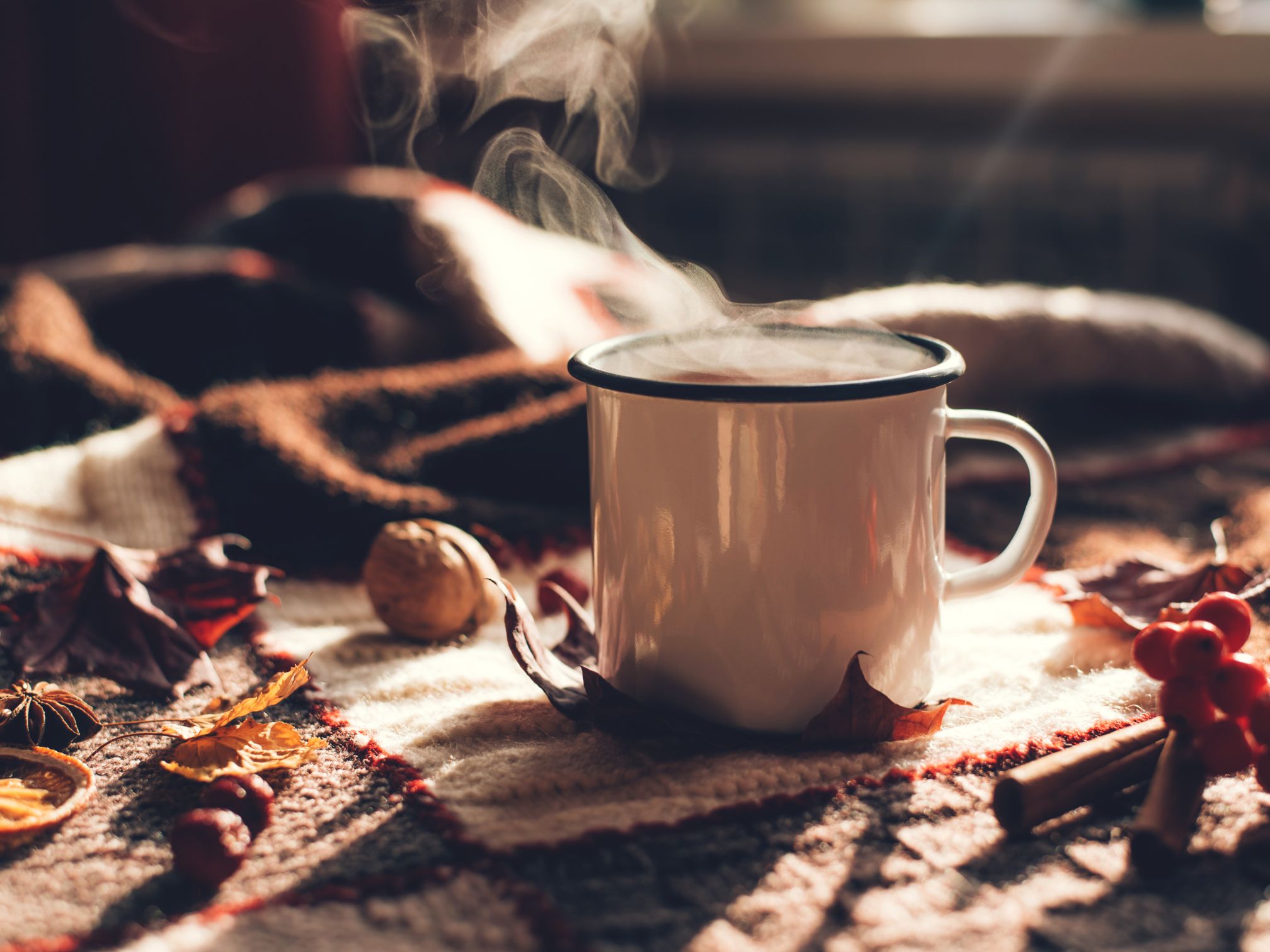 An enamel mug filled with steaming hot tea. It is placed on a checked woollen blanket, with orange leaves and conkers scattered sparingly.