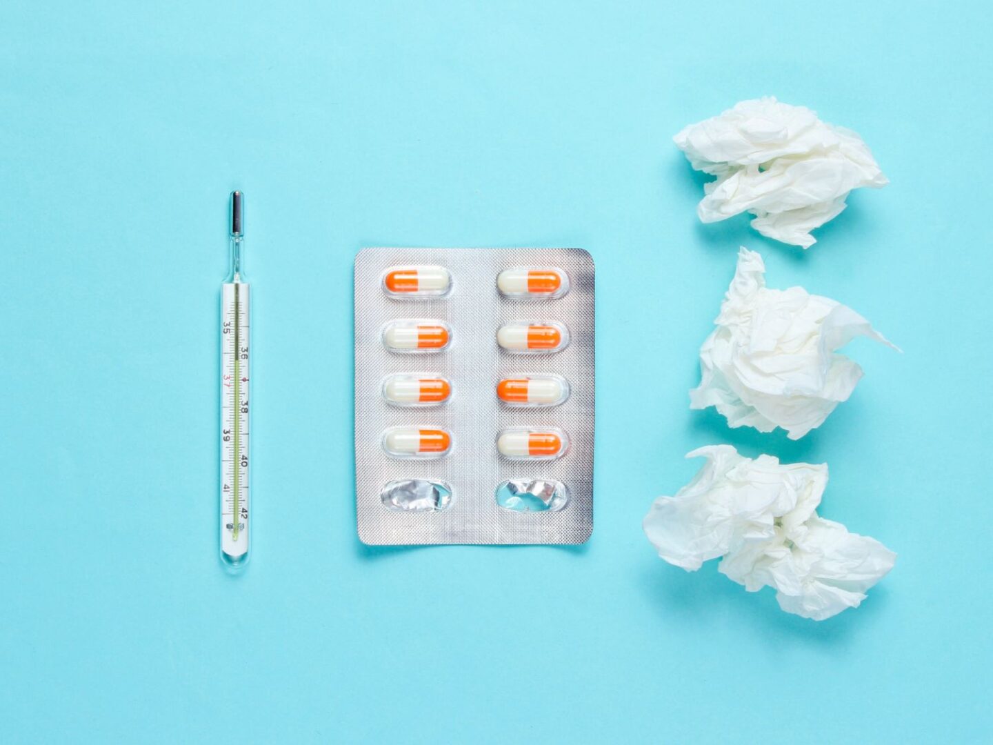 Tissues tablets and thermometer