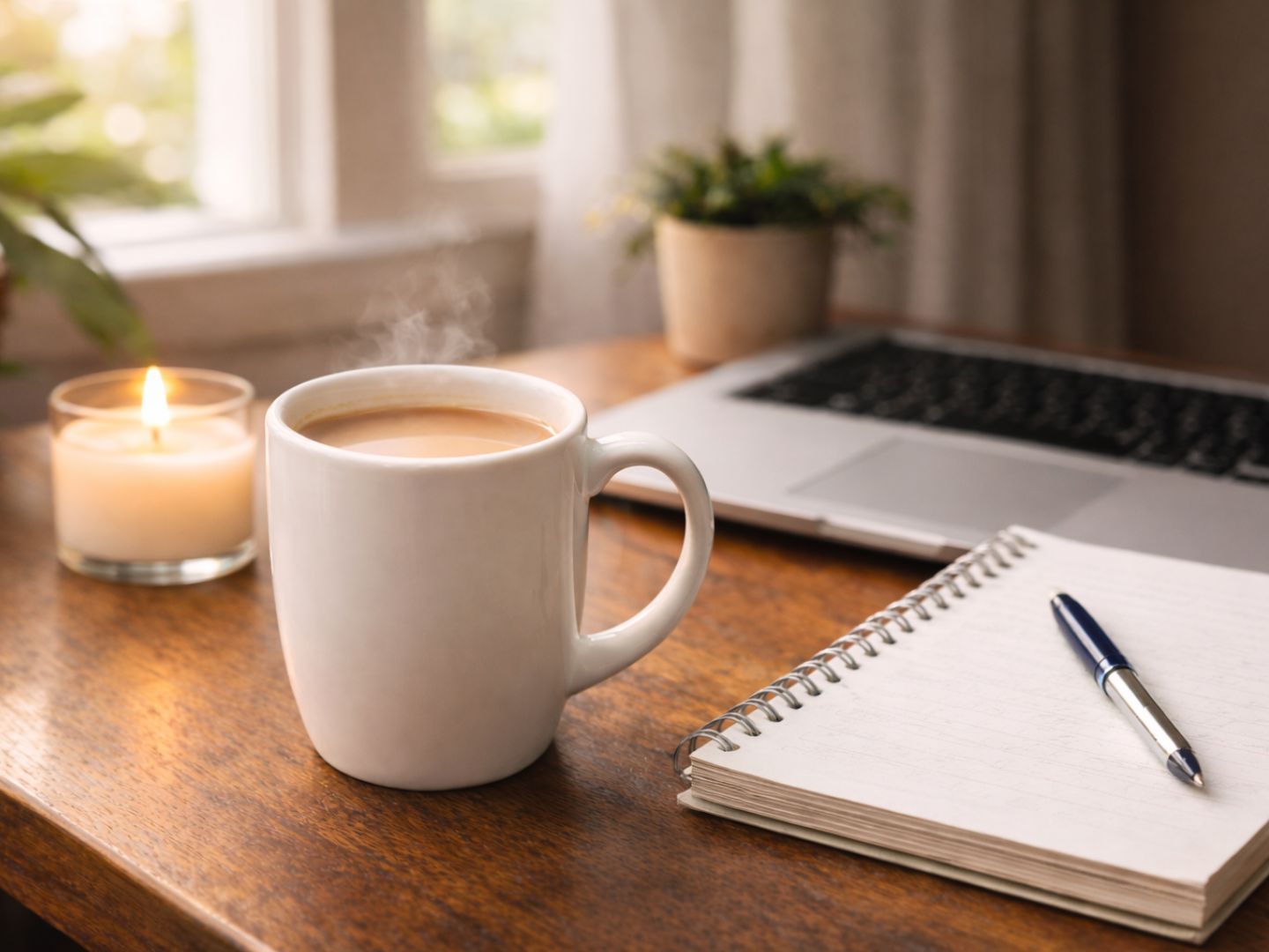 A white mug of steaming milky white tea on top of a dark wood desk. Beside it is an open notebook and pen, with a burning tealight to the left and and an open laptop in the background.