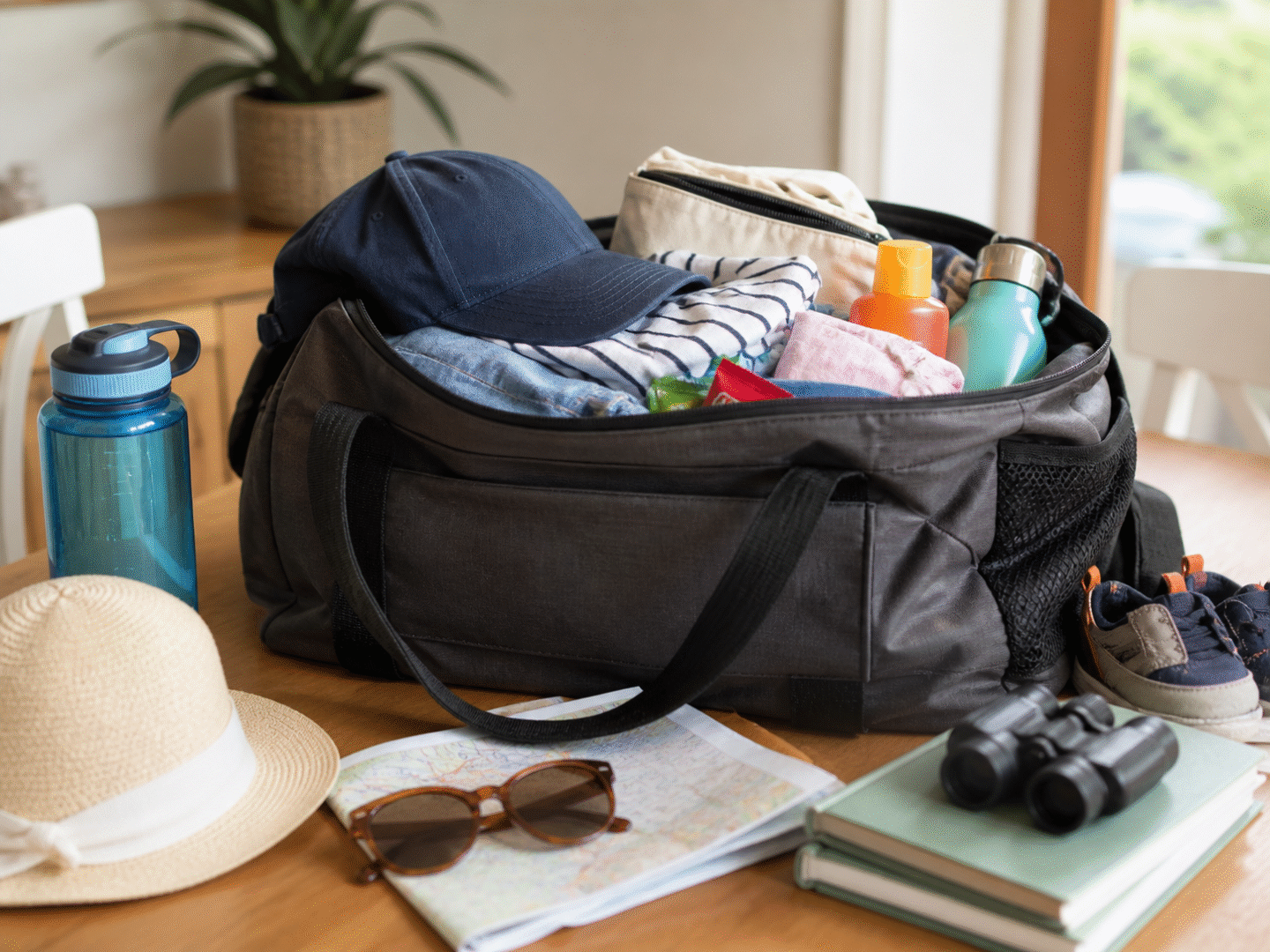 A black holdall bag packed for a family day out. It contains water bottles, a change of kids' clothes, sun hat, shades, and binoculars.