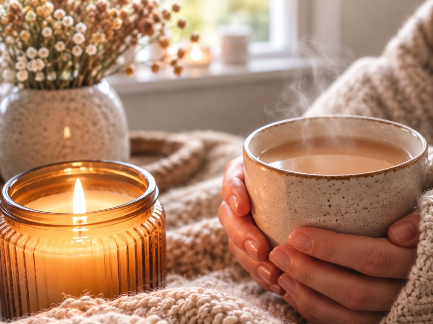 Cozy candle and steaming tea