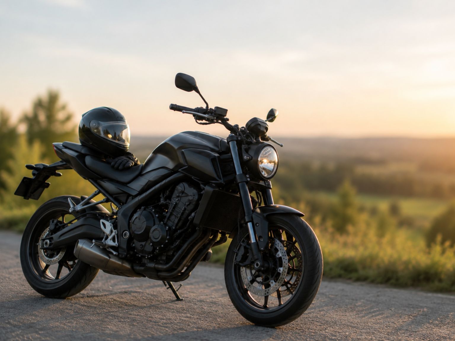 A black motorcycle parked up beside a field. The sun is setting.